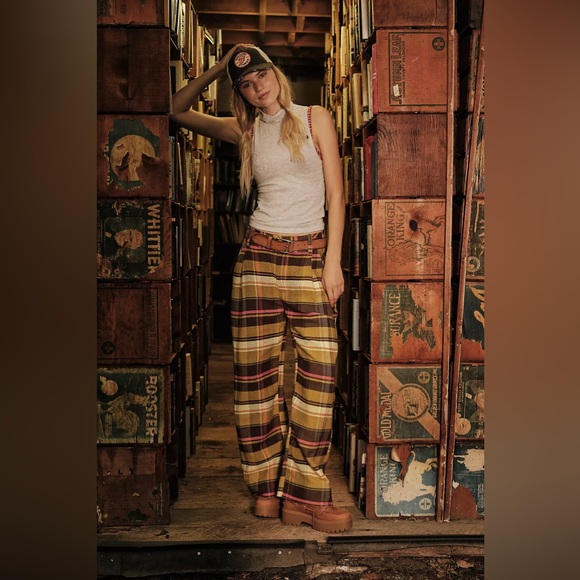 Free People Pants - Free people Buckle Back Plaid Trousers